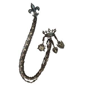 Antique Victorian Golden Cloak/Cape Chain Chatelaine Fleur De Le Crown Brooch